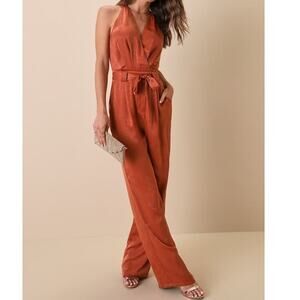 LULU'S  SZ L Rust In The City Surplice Neck Wide-Leg Jumpsuit NEW 0B11